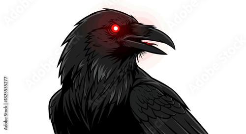Mysterious raven with glowing red eyes, perfect for fantasy designs or spooky Halloween promotions, this raven adds a touch of dark elegance and intrigue
