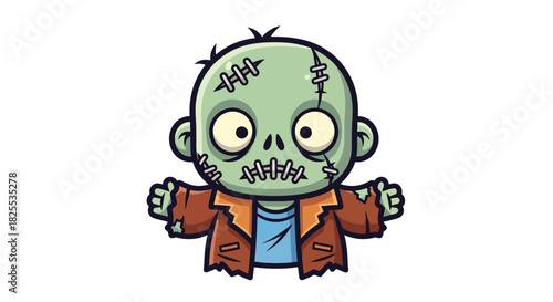 Adorable zombie character with stitched face for Halloween designs and spooky themes, perfect for kids' projects or fun invitations, get festive with this cute monster