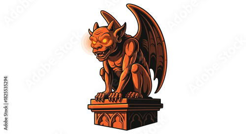 Terrifying gargoyle statue with glowing eyes perched ominously, perfect for Halloween designs or fantasy illustrations, adding a touch of dark magic