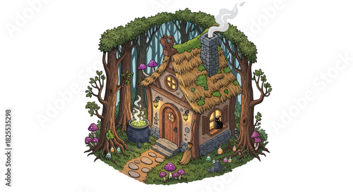 Enchanting witch's cottage nestled in a whimsical forest, bubbling cauldron and magic mushrooms create a fairytale scene perfect for fantasy books