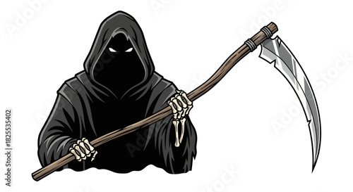 Grim reaper cartoon character with scythe evokes Halloween horror and spooky themes, perfect for animation, stickers, and edgy designs Halloween season