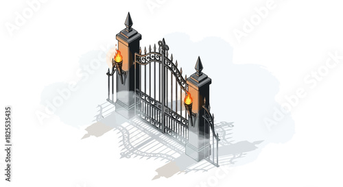 Eerie iron gate with flickering torches beckons, perfect for Halloween, fantasy games, or spooky haunted house designs, promising intrigue and mystery
