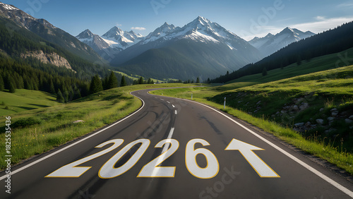 2026 New Year road trip travel and future vision concept . Nature landscape with highway road leading forward to happy new year celebration in beginning of 2026 for glee successful start .New Year 