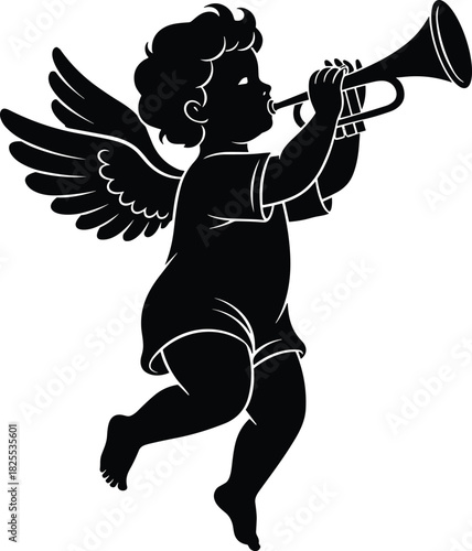 Silhouette of a flying cherub angel playing a trumpet, black vector illustration for Valentine's Day or Christmas holiday design decoration, isolated on white background