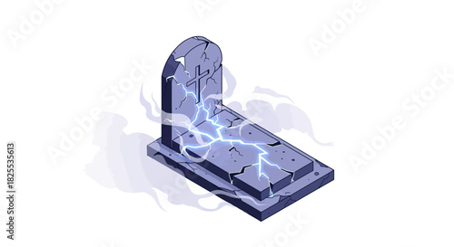 Mysterious cracked gravestone with glowing cracks evokes eerie Halloween vibe and supernatural horror, perfect for spooky designs and ghostly themes