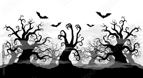 Spooky Halloween night with bats flying over haunted forest, perfect for creepy designs and eerie invitations, guaranteed to thrill and chill!