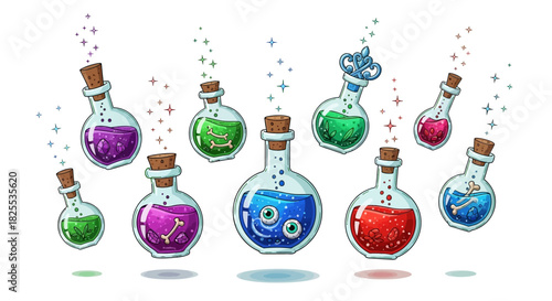 Whimsical potion bottles bubbling with magic for your next spooky story, inviting your audience into a world of fantasy and adventure