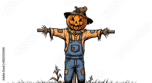 Spooky scarecrow with pumpkin head perfect for Halloween decorations and autumn designs, adding festive charm to your projects this fall season