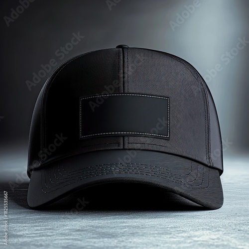front view of a sleek black baseball cap with a stitched rectangular blank patch and curved brim on textured fabric under dramatic spotlight, minimalist mysterious mood