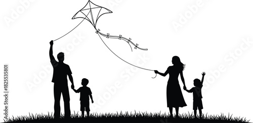 Silhouette of happy family flying a kite in the grass field, parents with children enjoying summer outdoor activity together, vector illustration design.