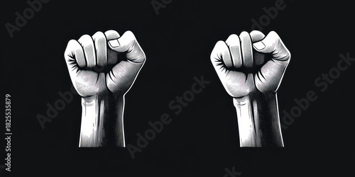 two monochrome engraved clenched fists raised side by side on a black background conveying defiance and solidarity