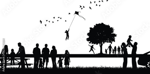 Silhouette of people enjoying park activities, families having picnic, child flying kite with birds, and parents playing outdoors, vector illustration design.