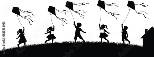 Silhouette vector illustration of five happy children running on grassy hill flying kites together, playful kids enjoying summer outdoor activity near home