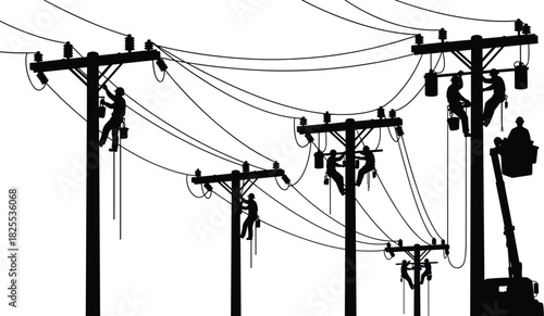 Silhouettes of electricians repairing power lines on poles, black vector illustration of utility workers and bucket truck isolated on white background.