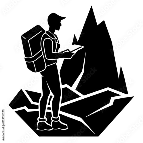 Silhouette of a hiker with a backpack looking at a map in the mountains