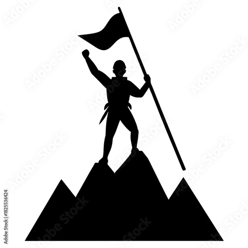 Silhouette of a person standing on a mountain peak holding a flag