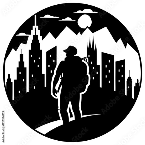 Silhouette of a hiker with a backpack overlooking a city skyline at night