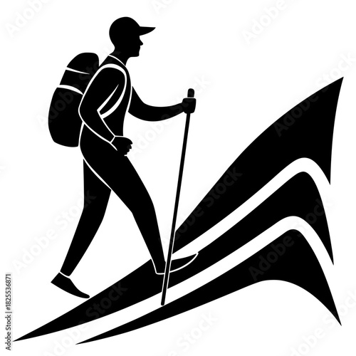 Silhouette of a hiker with a backpack and trekking pole ascending a stylized mountain path