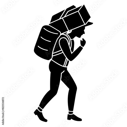 Silhouette of a person carrying a heavy load on their back