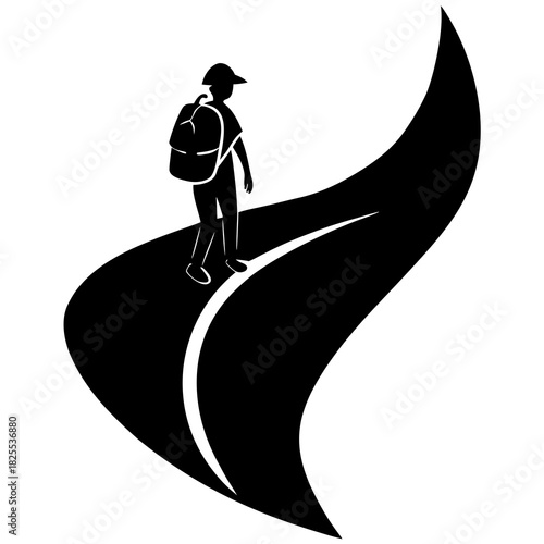 Silhouette of a person with a backpack walking on a leaf shaped path