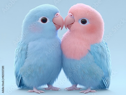 two fluffy pastel lovebirds with blue bodies and one pink head touching beaks in a tender affectionate pose against a soft pale blue background
