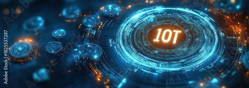 Glowing circular holographic interface displaying IOT surrounded by digital circuitry and mechanical gears, futuristic high-tech connectivity and dynamic energy