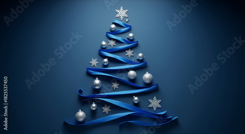 Abstract Christmas Tree with Blue Ribbon and Silver Ornaments