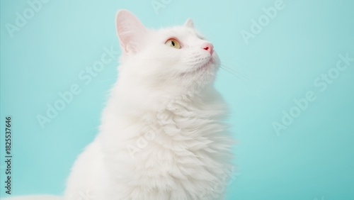 Beautiful white turkish angora cat looking up curiously against a vibrant turquoise background, showcasing its elegant features and captivating gaze