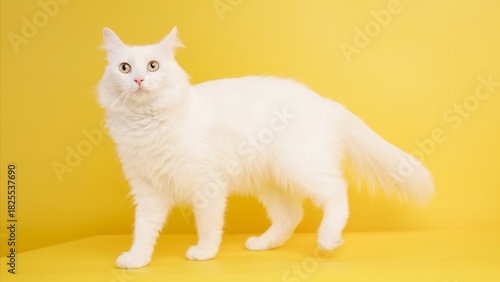 Fotografie Studio shot of beautiful white turkish angora cat walking gracefully on a vibran