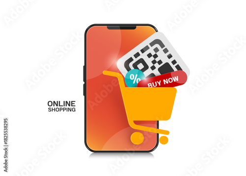 percent icon, buy now button and QR code are all placed in the shopping cart icon and are all displayed on the smartphone screen, vector 3d isolated for online shopping and e commerce design