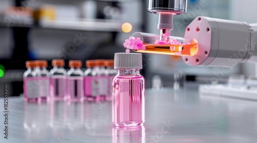  A robotic arm is precisely dispensing a custom-blended capsule into a vial labeled with a person's name and a unique barcode