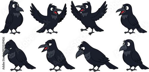 A set of cartoon crows in various poses, isolated on white background these black birds are depicted with different expressions and actions, creating a fun and lively collection