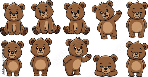 Collection of adorable brown bear cubs in various poses, isolated on white background perfect for childrens books, greeting cards, and nursery decor projects