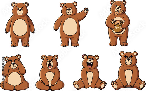 Collection of cute cartoon bears in various poses isolated on white background adorable brown bear character with honey pot, waving hand, and different emotions