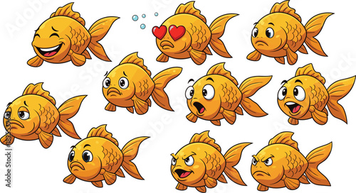 Collection of goldfish with different facial expressions isolated on white background set of cartoon fish showing various emotions, such as joy, love, anger, sadness