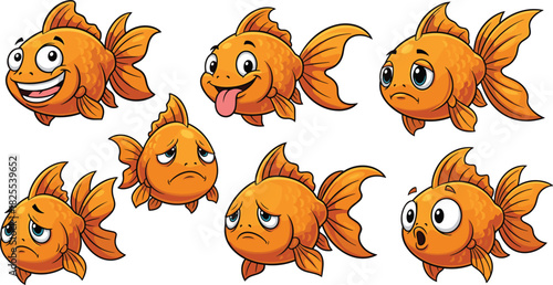 Cartoon goldfish expressing various emotions isolated on white background set of cute orange fish with different facial expressions, including happy, sad, and surprised