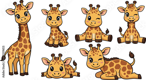Adorable giraffe cartoon characters isolated on white background, showcasing their playful expressions and charming poses in a delightful collection