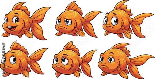 A collection of goldfish showing different emotions isolated on white background the goldfish are orange and have big eyes, and they are all facing forward