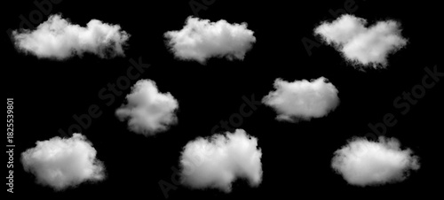 Collection of isolated white cloud shapes on a black background, perfect for digital design, photo compositing, weather concepts, sky effects, and creative graphic elements for professional artwork. 