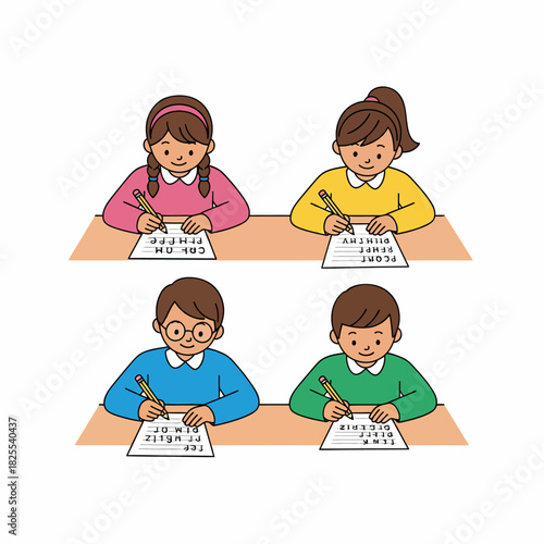 Four young students diligently writing on papers at their desks in a classroom setting, focused on their schoolwork.