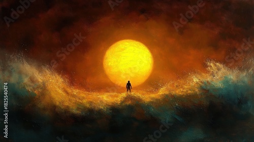 solitary silhouette standing on turbulent waves before a massive glowing sun, dramatic golden and teal seascape evoking awe and solitude