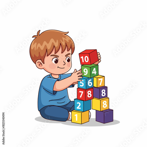 A young boy happily playing with colorful numbered building blocks, stacking them into a tall tower on the floor.