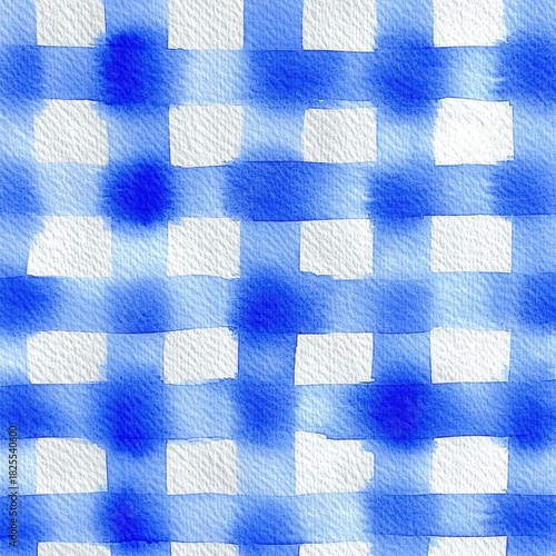 soft blue watercolor grid on textured paper with bleeding edges and white square highlights, calm soothing abstract checkerboard pattern