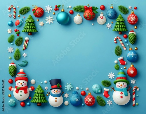 3D Christmas wreath frame featuring cheerful snowmen, candy canes, and colorful baubles against a bright blue background
