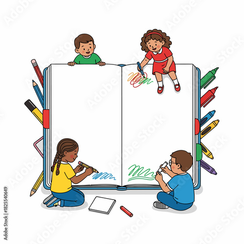 Four diverse children happily drawing and coloring in a large open book surrounded by various art supplies, illustrating creativity and learning.