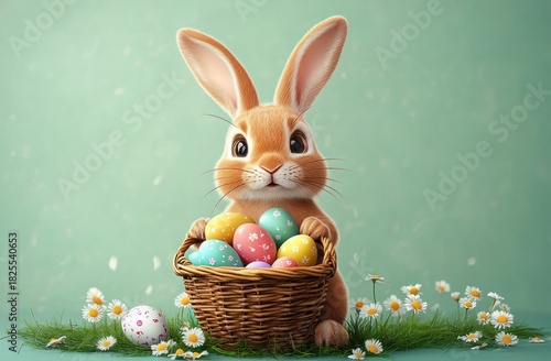 Cheerful fluffy brown rabbit holding a wicker basket of colorful decorated pastel eggs surrounded by daisies and grass against a soft green background
