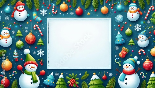 3D Christmas wreath frame featuring cheerful snowmen, candy canes, and colorful baubles against a bright blue background