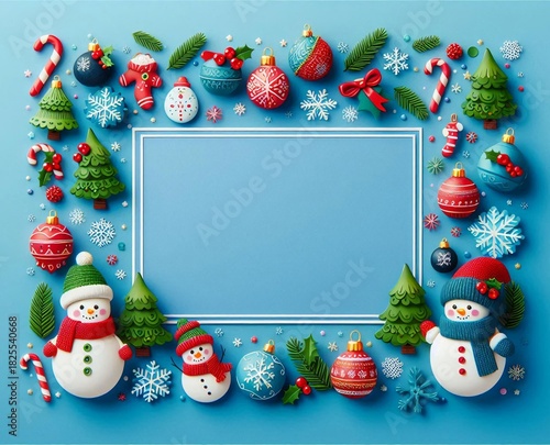 3D Christmas wreath frame featuring cheerful snowmen, candy canes, and colorful baubles against a bright blue background