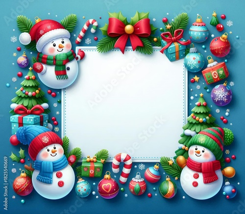 3D Christmas wreath frame featuring cheerful snowmen, candy canes, and colorful baubles against a bright blue background