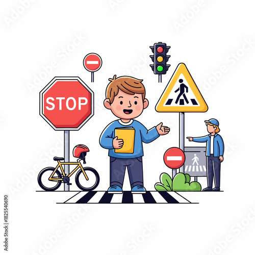 Cartoon boy learning road safety rules with various traffic signs and a bicycle on a crosswalk.